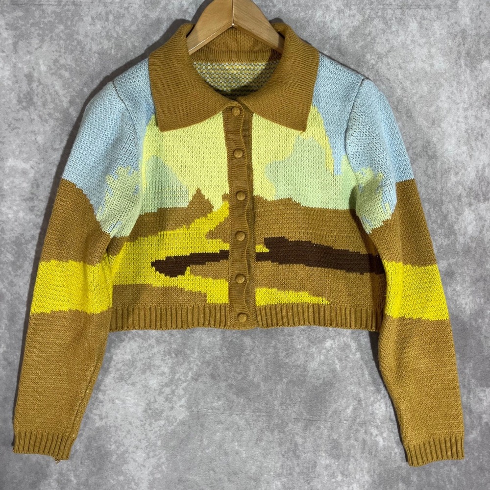 Landscape Intarsia Cardigan Women Medium Blue Yellow Brown Cropped *See Descrip*